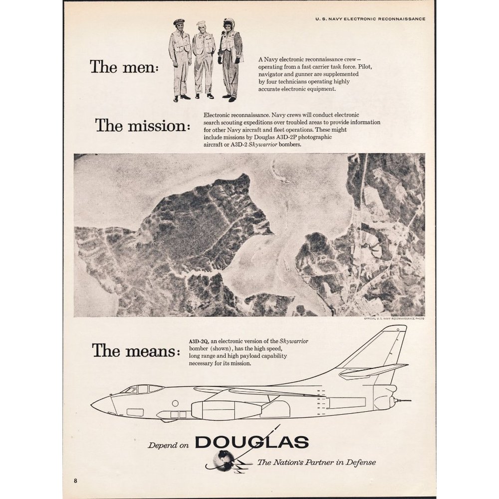 1959 Douglas Skywarrior US Navy Bomber Vintage Print Ad Militaria Wall Art 10x13